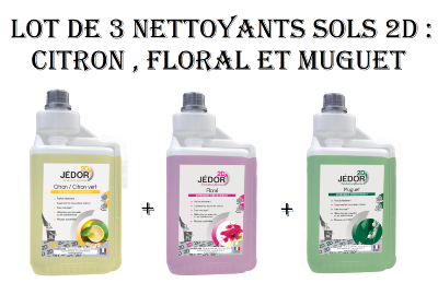 3 x Nettoyant sols Détergent surodorant 2D en 1 L : Citron vert, Floral et Muguet 
